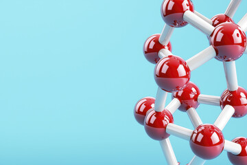 Molecular structure with red and white spheres on blue background, representing scientific concepts and chemistry. This conveys sophistication and innovation
