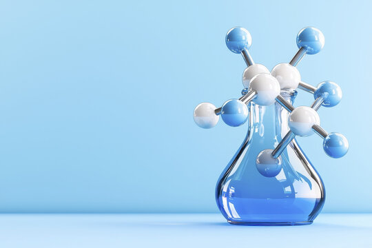 molecular model in laboratory flask, showcasing scientific innovation and research. blue background enhances sophisticated look of glassware and molecular structure