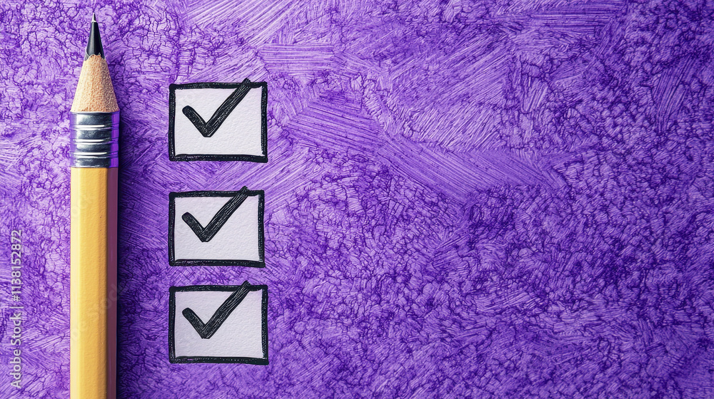 Poster task list with checkboxes and pencil on purple background, symbolizing organization and productivity