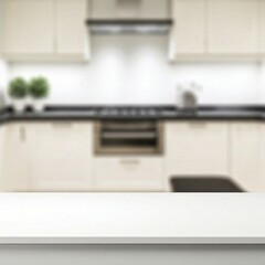 Modern luxury white kitchen tabletop with decors and copy space for montage your product display over blurred modern kitchen space in the background