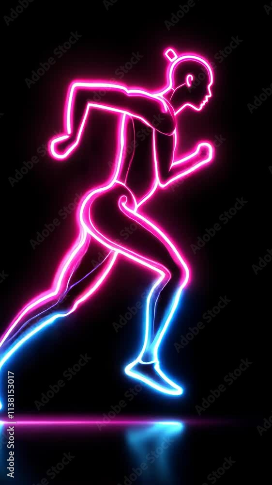 Poster dynamic neon runner in motion showcasing energy and movement under a dark background