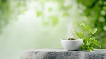 Fototapete Krankenhaus Spa retreat oils concept. Fresh herbs in a bowl with steam on a natural background.  © IssaDream