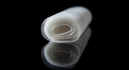Rolled White Mesh Fabric on Black Background