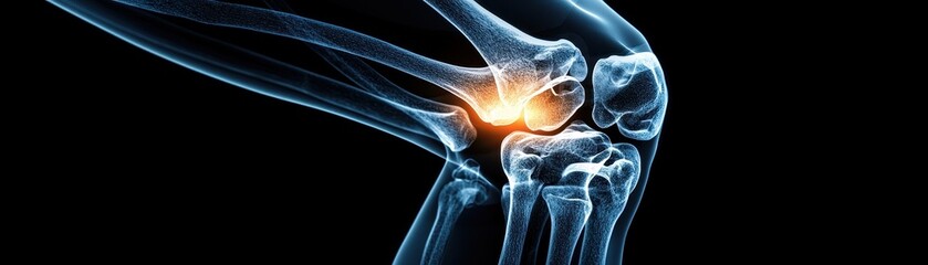 Knee anatomy posture concept. X-ray image of a knee joint highlighting inflammation or injury, showcasing bone structure and surrounding tissues.
