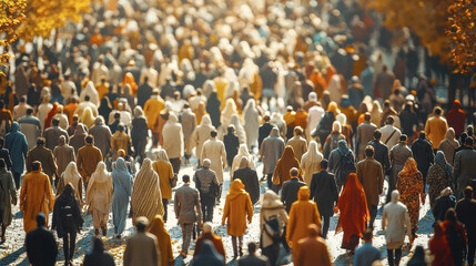 vibrant crowd of diverse people walking together in autumn setting, showcasing unity and multiculturalism. scene is filled with colorful clothing and warm atmosphere