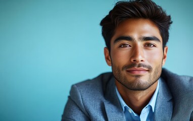 Fototapeta premium Asian man with a smile on his face is wearing a suit and a shirt in studio color background