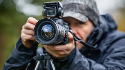 Obraz premium A documentary filmmaker focuses on capturing factual events, interviewing experts to convey a truthful story