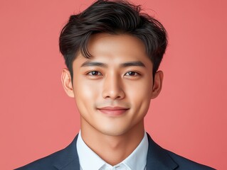 Asian man with a smile on his face is wearing a suit and a shirt in studio color background