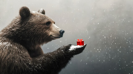 Obraz premium Brown bear offering small red gift in snowy landscape