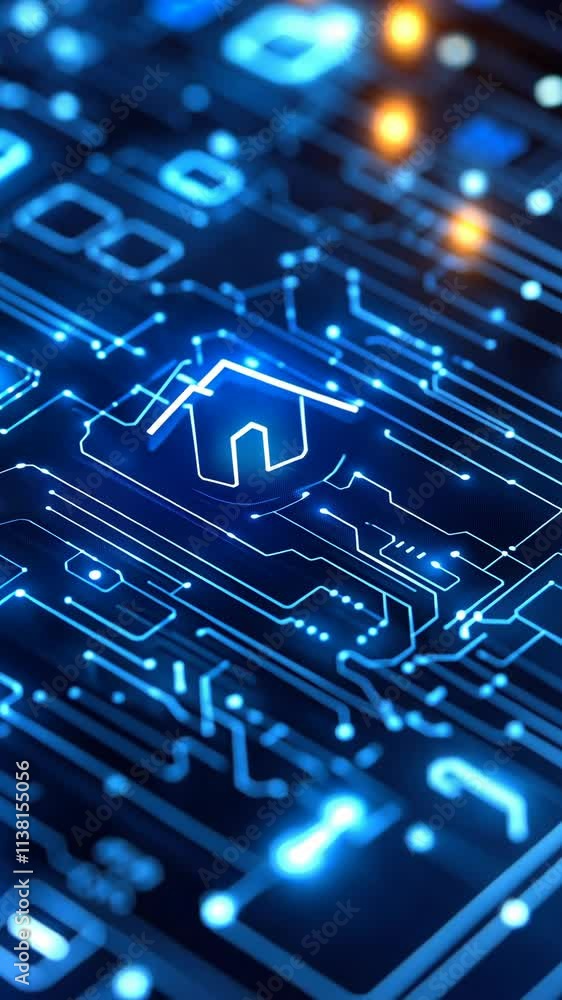 Poster intricate circuit board design glowing in blue light showcases modern technology's complexity and pr