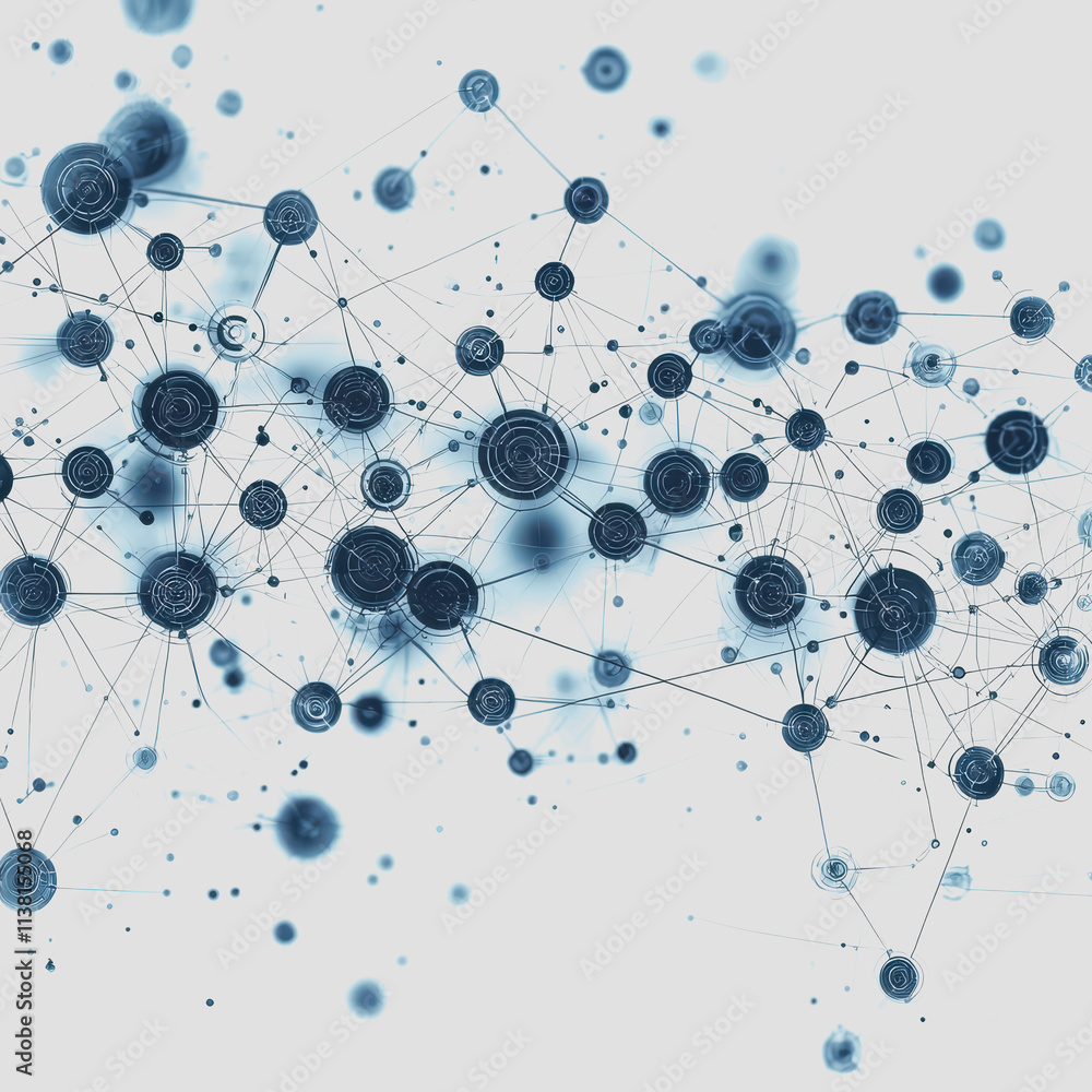 Poster ai enhanced network insights with circles and dots on blue and white background for technology data 