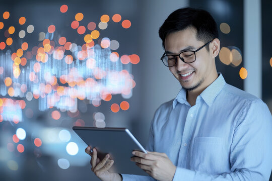 smiling Asian professional using tablet in modern office setting, surrounded by colorful bokeh lights. atmosphere is vibrant and engaging, reflecting positive work environment