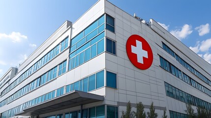 Modern Hospital Building Exterior With Red Cross Symbol