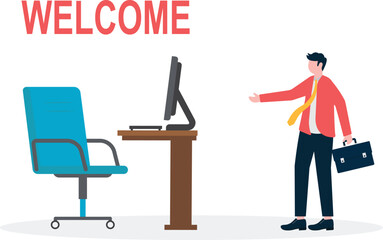 Business team welcoming new employee with chair in the middle. Business Landing Page Template.
