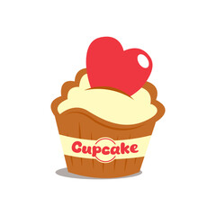 Cupcake with a heart. The flat style is isolated on a white background. The concept of love. Retro. Perfect for a poster, postcard, invitation or greeting card. Vector illustration