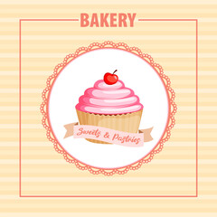 Cupcake. Bakery. Desserts. Logo for a pastry shop, confectionery store, desserts. Bakery design on a beige striped background. Vector illustration