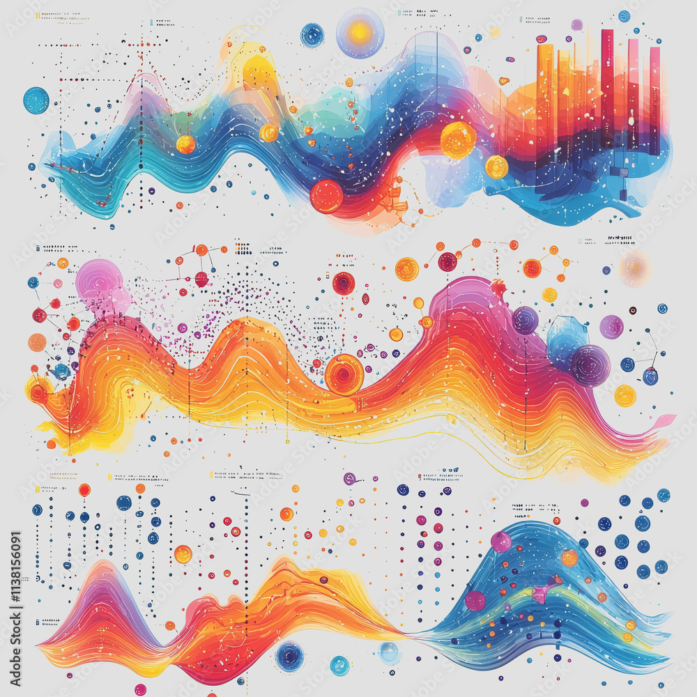Poster data transformation graphs abstract watercolor background set for modern digital marketing analytics
