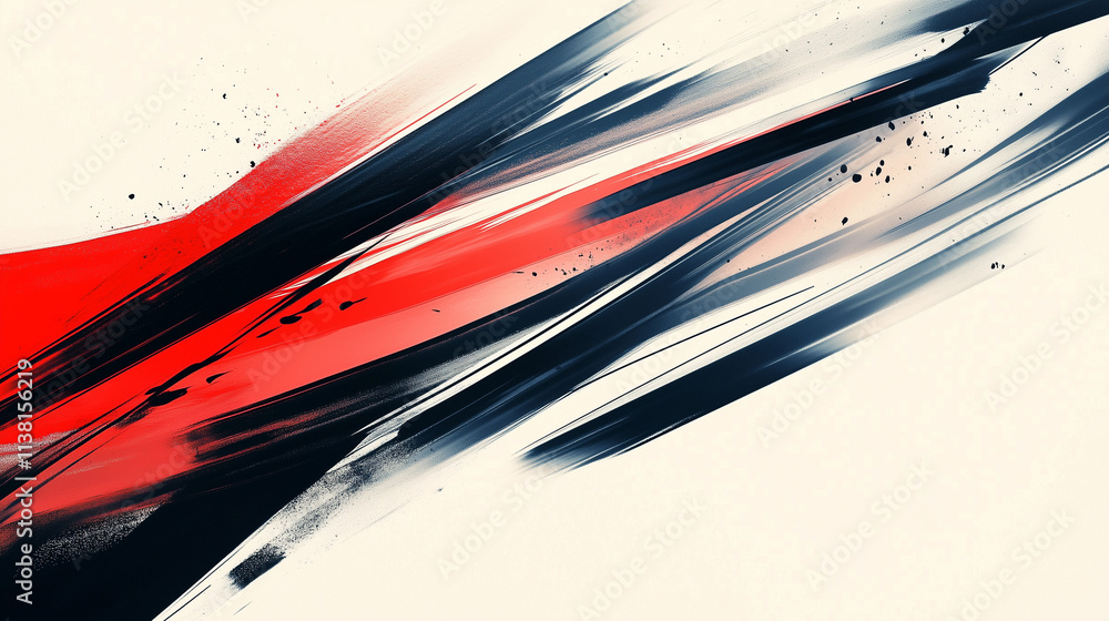 Poster dynamic digital ink painting with red and black brush strokes, motion blur, and speed lines against 