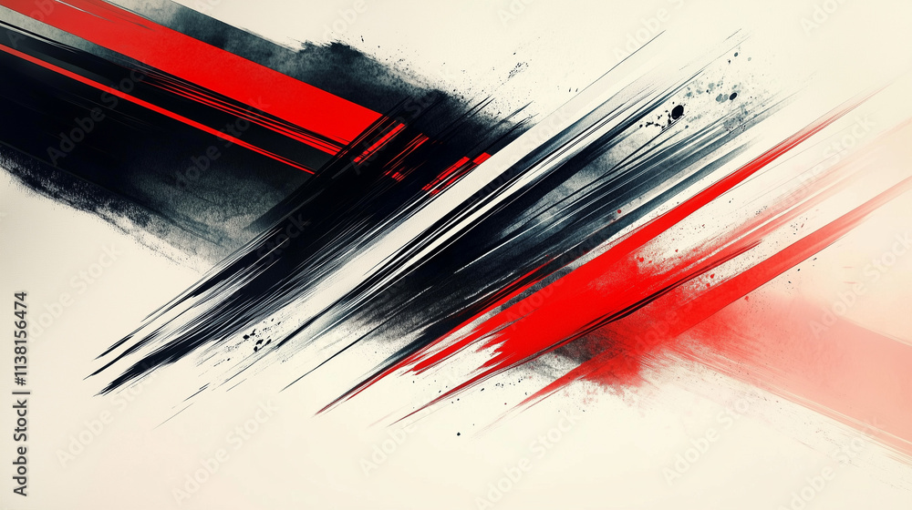 Poster dynamic digital ink painting with red and black brush strokes, motion blur, and speed lines against 