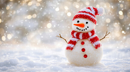 Obraz premium Smiling snowman in red winter hat and scarf