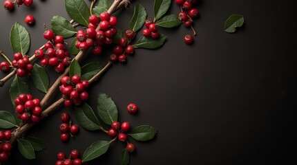 Fototapeta premium Coffee branches with ripe fruits on dark textured background, space for text.