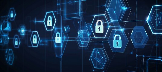 Fototapeta premium Cutting-Edge Cyber Protection Design: The Intersection of Technology and Trust Through Blue Hexagons and Lock Symbols on a Futuristic Canvas,