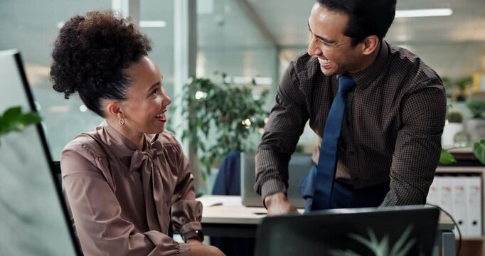 High five, laptop and teamwork with business people in office for support, company profit and success. Deal, mentor and partnership with employees in corporate firm for feedback, results and project