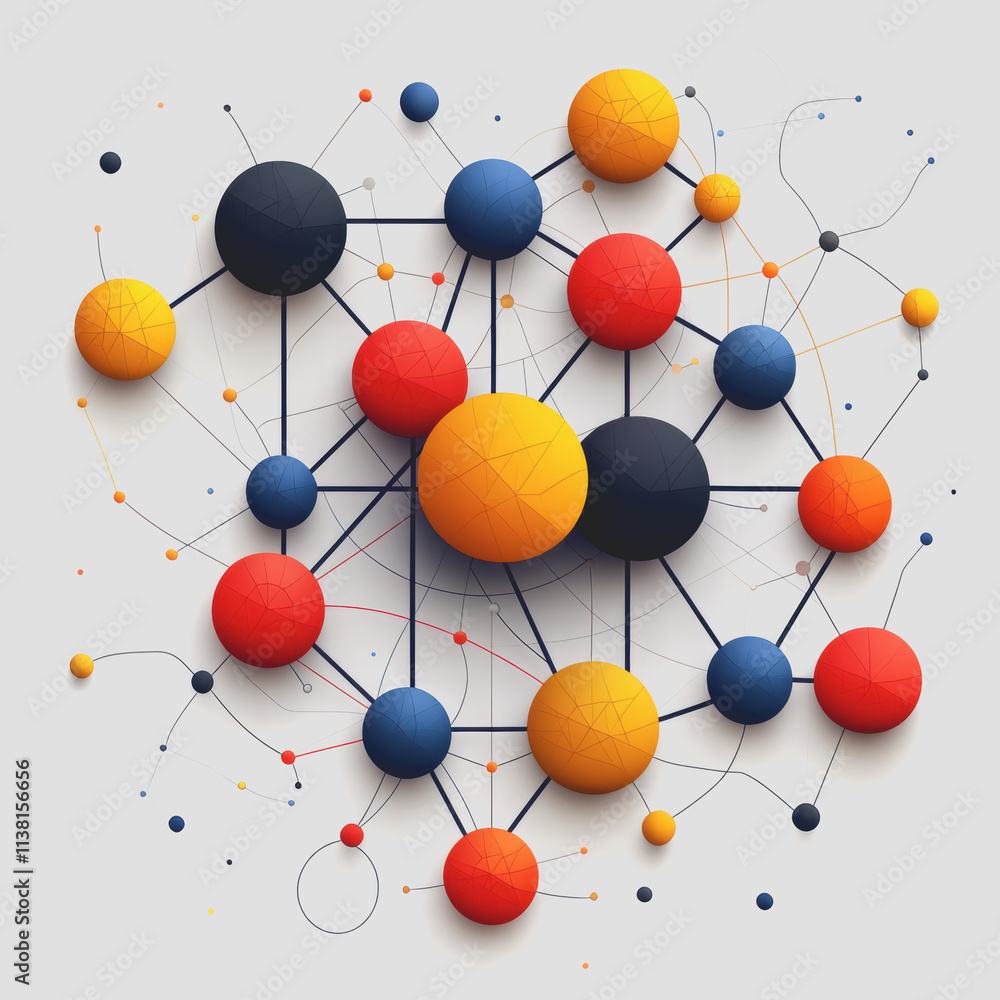Poster colorful molecule geometric relationship graphs with spheres and lines representing complex structur