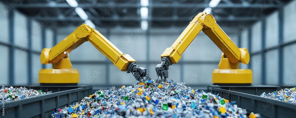 Poster two robotic arms sort through a pile of recyclable materials in a modern facility, showcasing automa