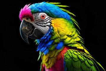 Obraz premium A vibrant parrot with a colorful plumage, standing against a black background.