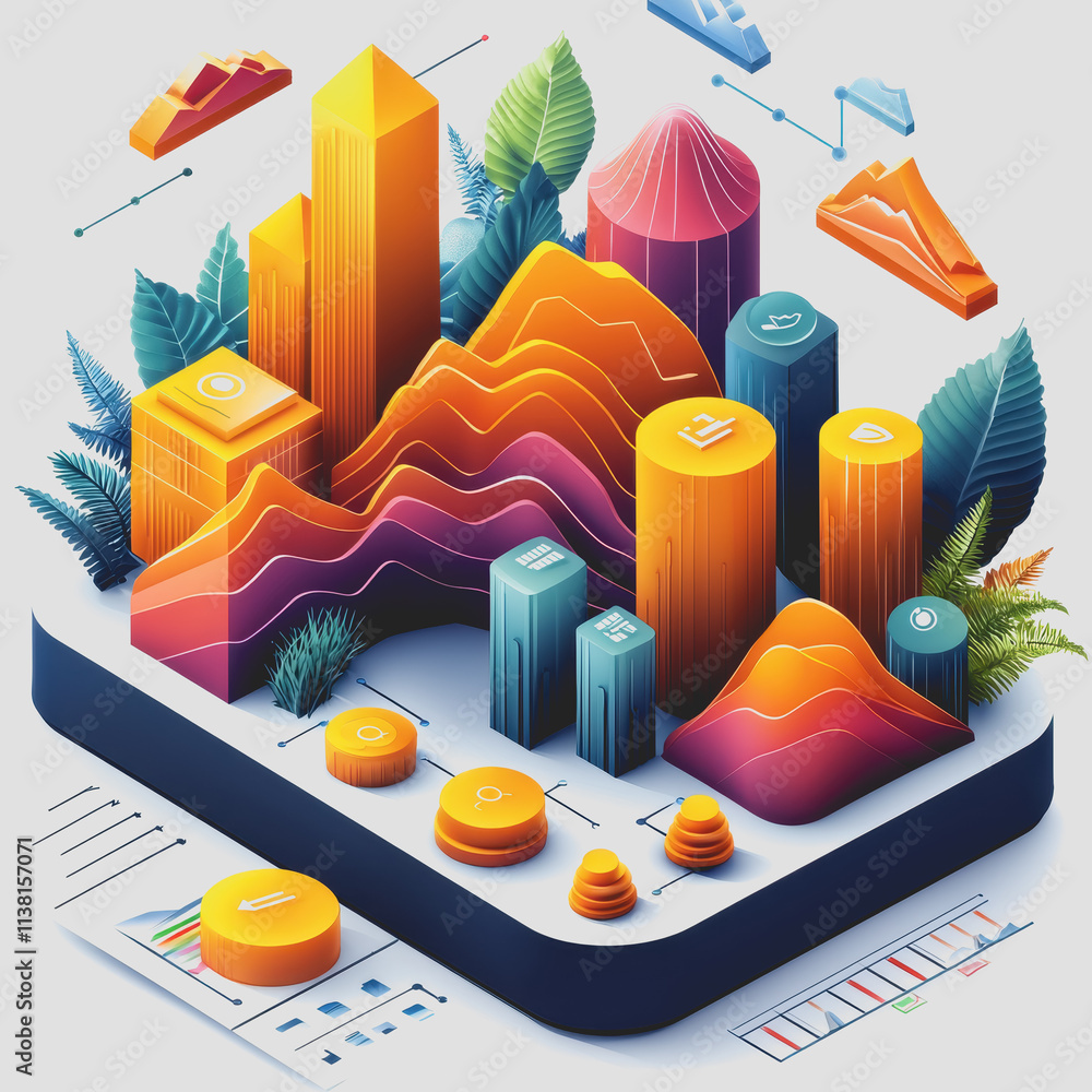 Poster graph-based business insights urban landscape with building illustrations for financial analysis and