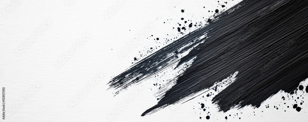 Poster a dynamic black paint stroke on a white canvas, showcasing artistic flair and motion, with splatters