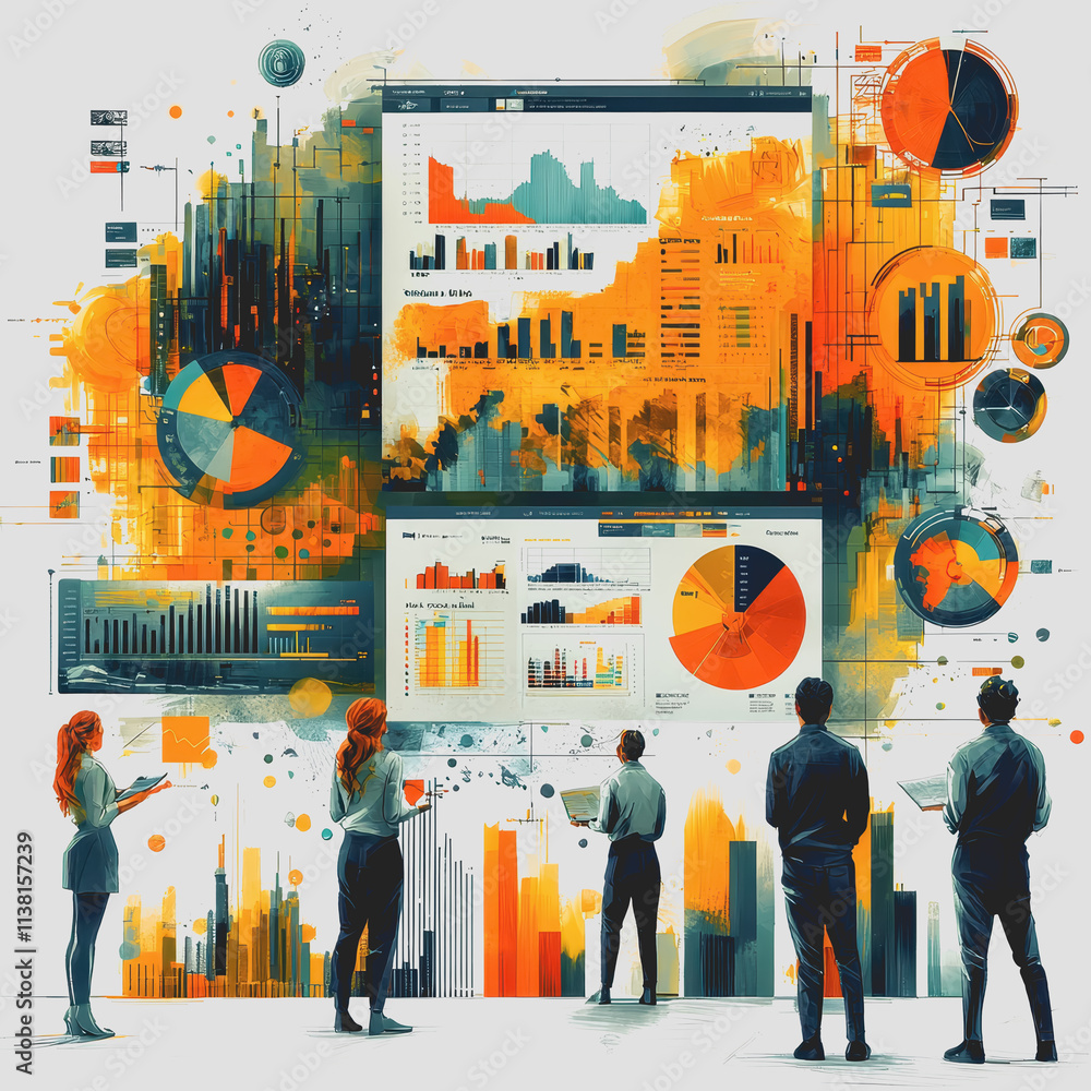 Poster interactive data storytelling group of people engaged in presentation collaboration and discussion i
