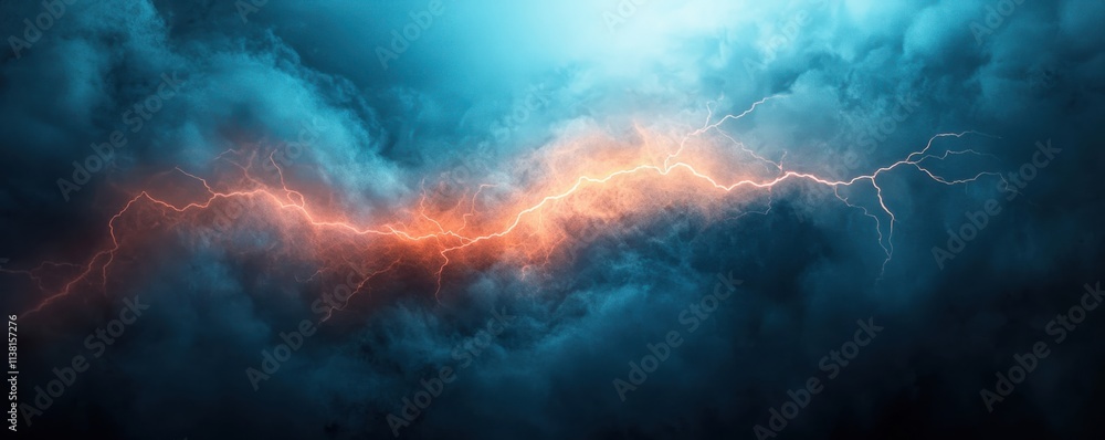 Poster the image features a dramatic display of blue clouds illuminated by a striking orange lightning bolt
