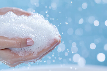 Fototapeta premium Soft bubbles in hands create serene atmosphere, evoking feelings of relaxation and cleanliness. gentle blue background enhances calming effect of image