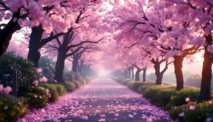 A serene path lined with cherry blossom trees in full bloom, petals softly falling under gentle morning light.