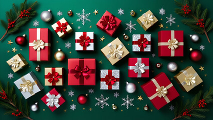 presents with nice packing on green background