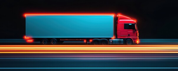 Obraz premium A vibrant red truck speeds along a dark highway, illuminated by streaks of light, capturing the essence of motion and transportation.