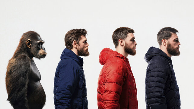 Evolution of humans depicted through series of figures, showcasing gorilla transitioning to modern men in jackets, highlighting journey of human evolution