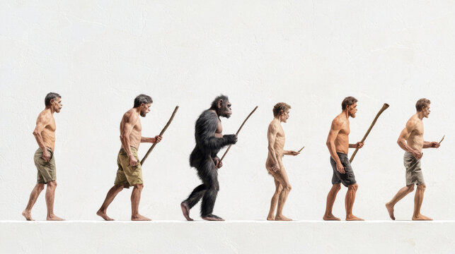 image depicts evolution of humans alongside gorilla, showcasing progression from early hominids to modern humans, emphasizing journey of human evolution