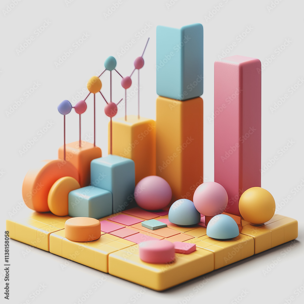 Poster colorful 3d graph visualization architectural model building design with diverse shapes and perspect