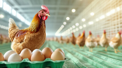 Chickens Laying Eggs in a Large Poultry Farm With Bright Indoor Lighting During the Daytime