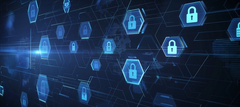 Tech-Savvy Blue Hexagons: Embodying Digital Security in Modern Business, 現代ビジネスのデジタルセキュリティを体現する技術に精通した青い六角形.Generative AI