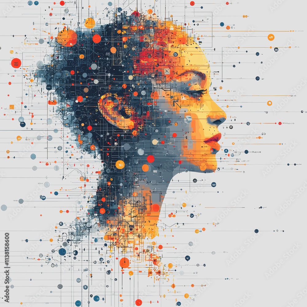 Poster advanced graph-based ai woman face technology circles data visualization artificial intelligence fut