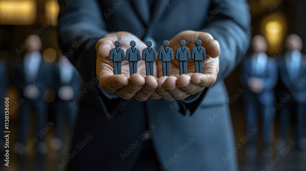 Poster empowering leadership with diverse figures representing teamwork and collaboration. hands hold icons
