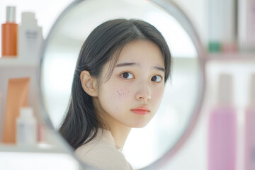 young Asian woman with worried expression looks into mirror, surrounded by skincare products. Her freckles add unique charm to her thoughtful gaze