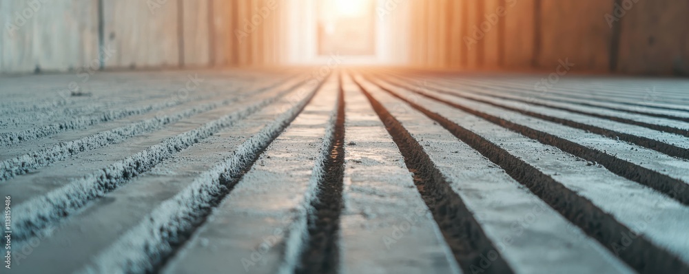 Poster a serene corridor with textured concrete flooring leads to a bright exit, creating a sense of depth 
