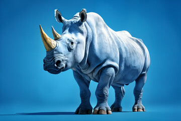 A large rhinoceros standing against a blue background.