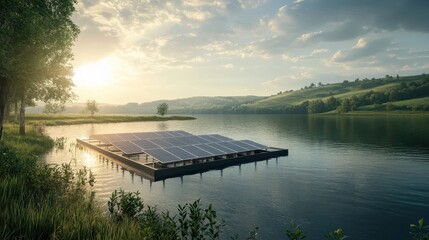 Obraz premium Floating Solar Farm on Tranquil Reservoir Offering Renewable Energy and Water Storage