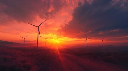 Obraz premium Dramatic Sunset Over Wind Turbines Renewable Energy Sustainable Future Concept